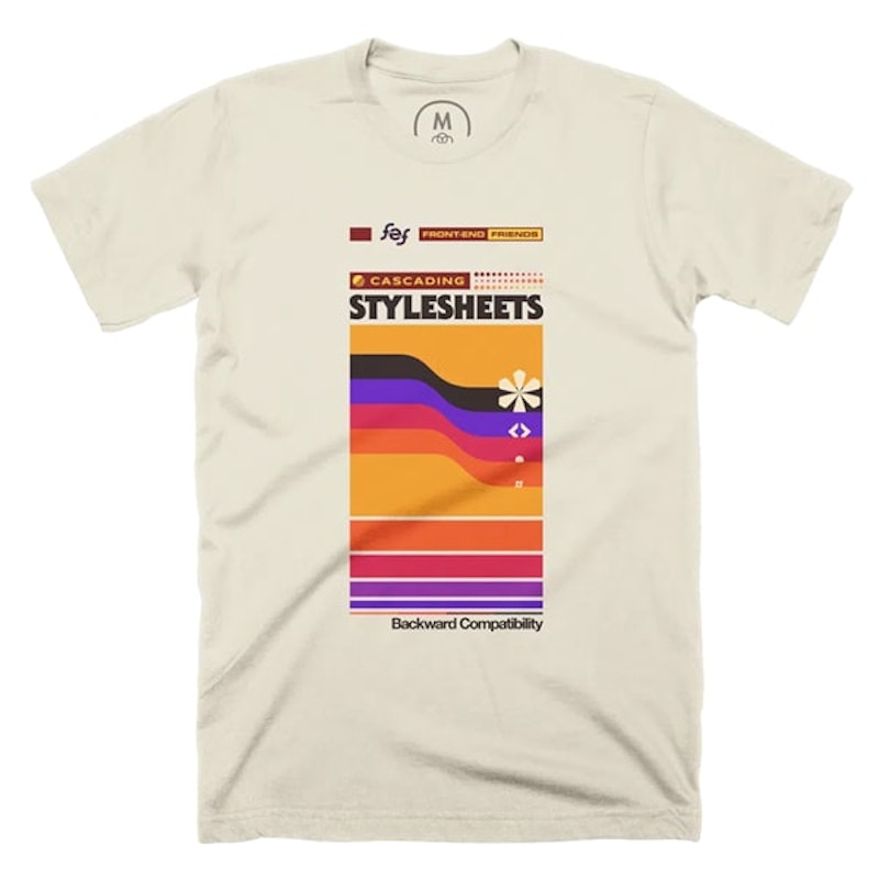 A retro black VHS style design on a white shirt with wavy bands of black, purple, red, and orange on a yellow square. Symbols remeniscent of CSS selectors appear woven into the bands, with a large Cascading Stylesheet text at the top, and Backward Compatibility at the bottom.