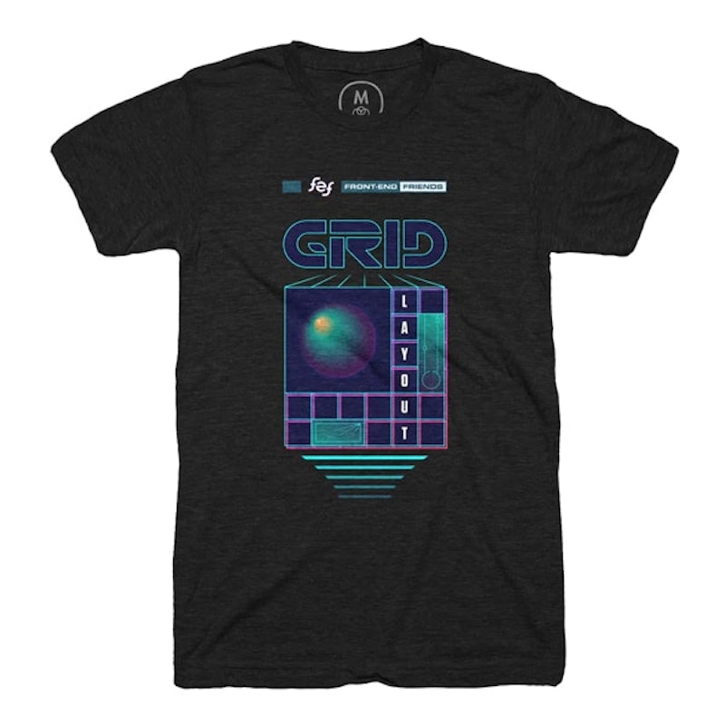 A TRON-inspired design on a black shirt with a cyan blue grid and a large GRID logo above, and some abstract shapes in some of the grid cells.