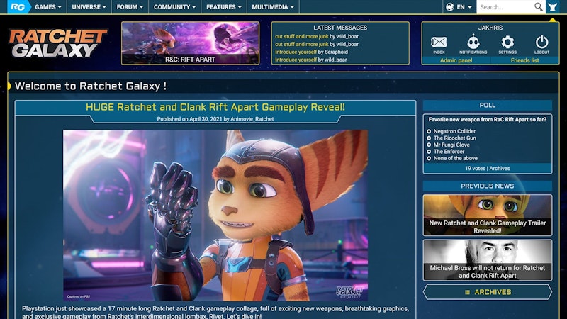 Ratchet Galaxy's homepage as it currently stands