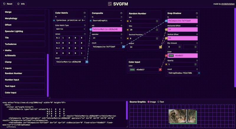 A view of the SVG Filter Maker app where connected nodes appear at once, forming a SVG preview at the bottom of the UI.